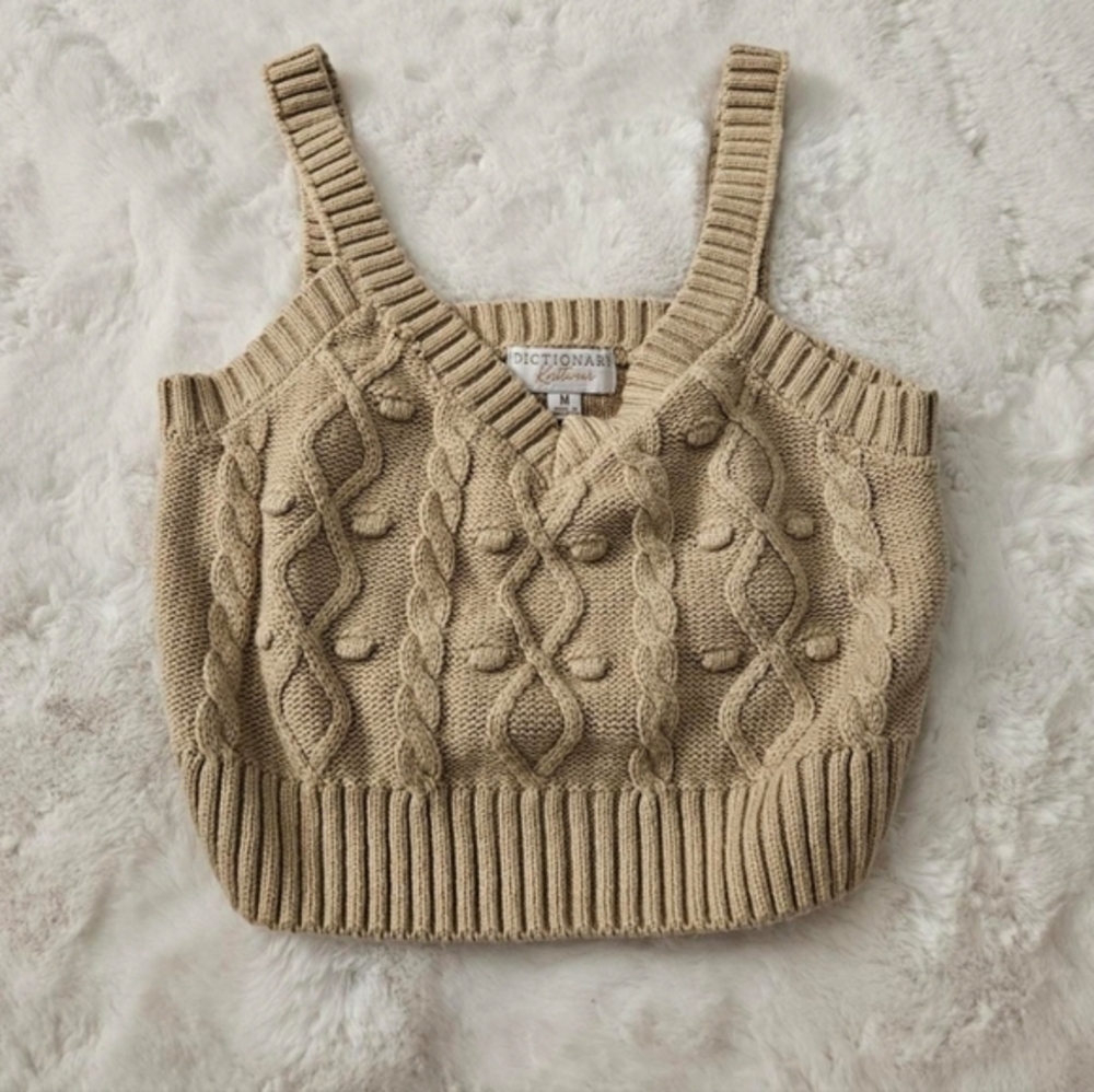Dictionary Knitwear Women Tan Beige Cable Knit Bobble Crop Tank Sweater Medium M